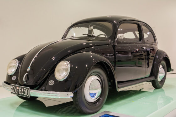 Stuttgart, Germany – January 24, 2018. Volkswagen Kafer two-door, rear-engine economy car that was manufactured and marketed by German automaker Volkswagen (VW) from 1938 until 2003. Car made in 1950, on display at Porsche Museum in Stuttgart.